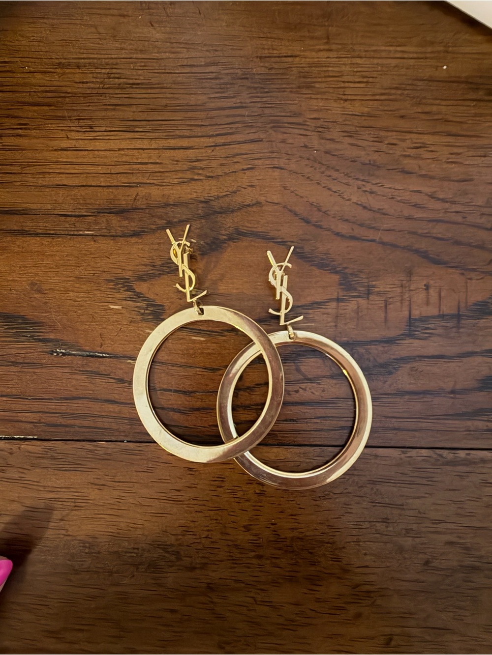 Yves Saint Laurent (YSL) Gold Hoop Logo Drop Earrings Cassandre